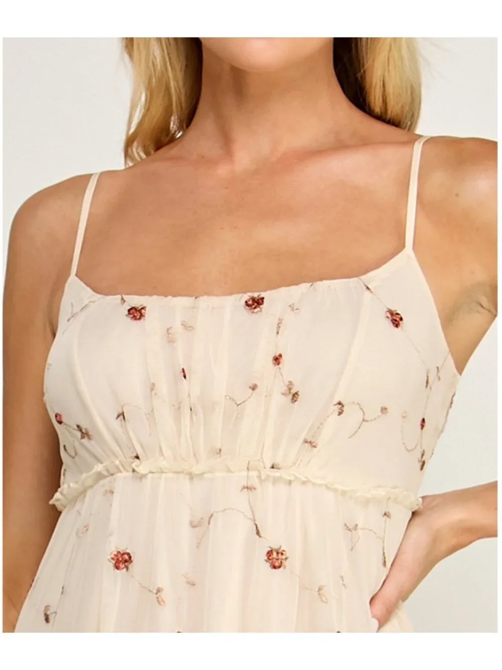 Embroidered Floral Mesh Tiered Dress With Adjustable Spaghetti Straps